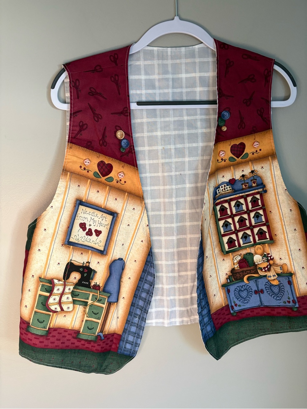 Vintage 90’s Grandmacore Sewing Birdhouse Cat Cottagecore Handmade Vest Size L